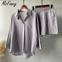 Msfancy lato dwuczęściowy zestaw kobiet 2021 bawełniane spodenki zestawy Vintage Boho obszerna koszula wysokiej talii luźne spodenki Mujer zestawy 5